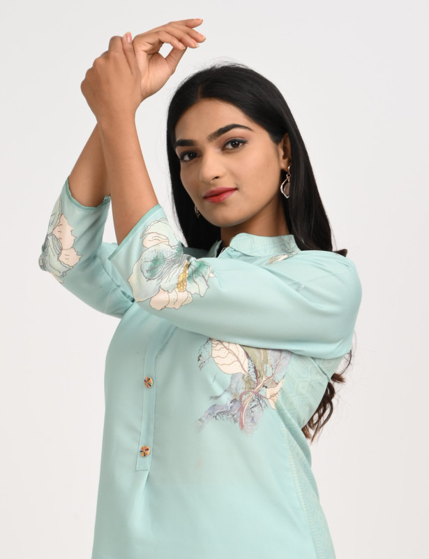 Mint Green Floral Printed Cotton Kurta Palazzo Set for Women