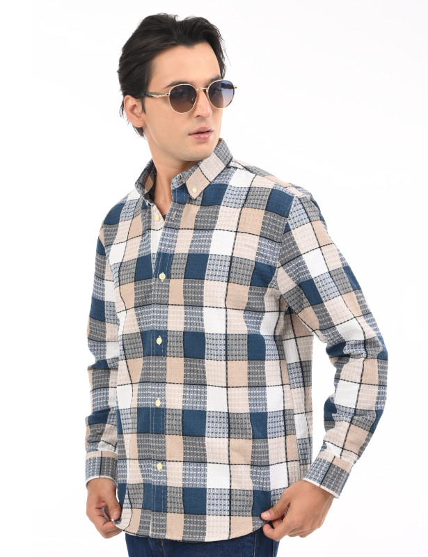 Beige Blue Checked Seersucker Cotton Shirt for Men