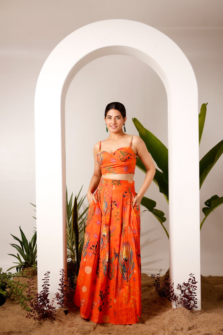 Orange Tropical Printed Crop Top and Palazzo Co-Ord Set for Women