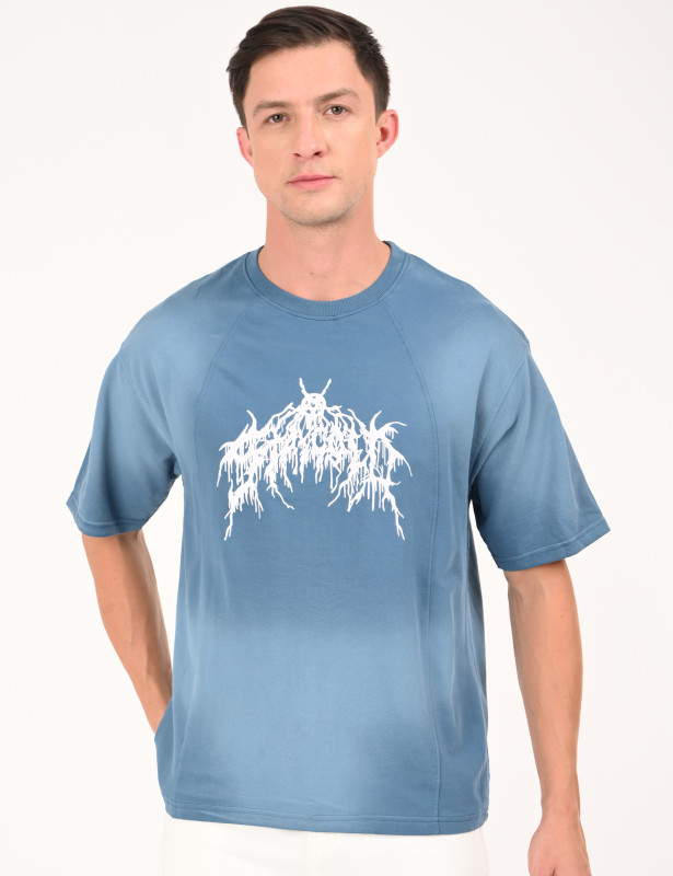 Steel Blue Abstract Graphic Oversized T-Shirt for Men