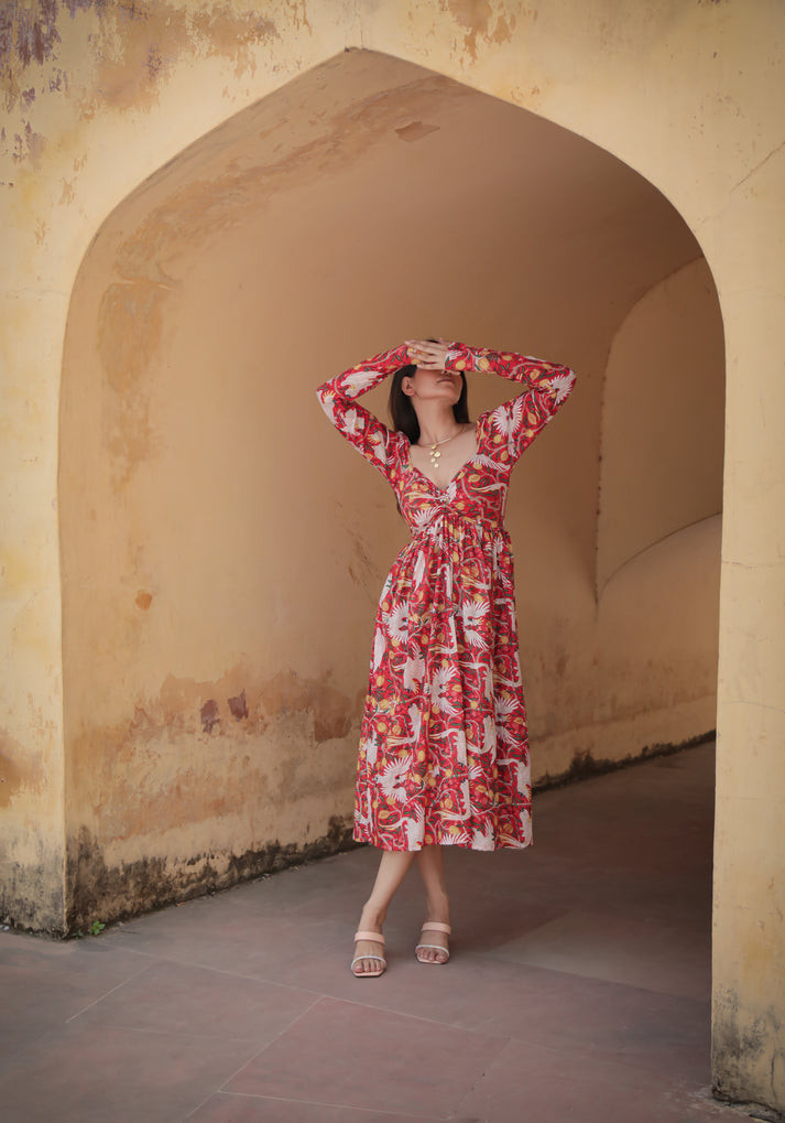 Red Tropical Botanical Printed Gathered Midi Dress for Women