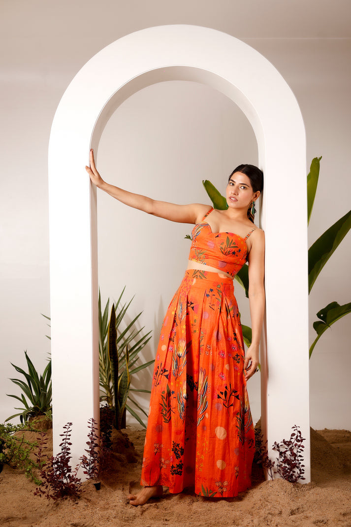 Orange Tropical Printed Crop Top and Palazzo Co-Ord Set for Women