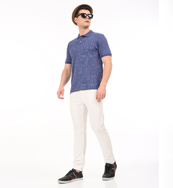 Dusty Blue Crocodile Print Cotton Polo T-Shirt for Men