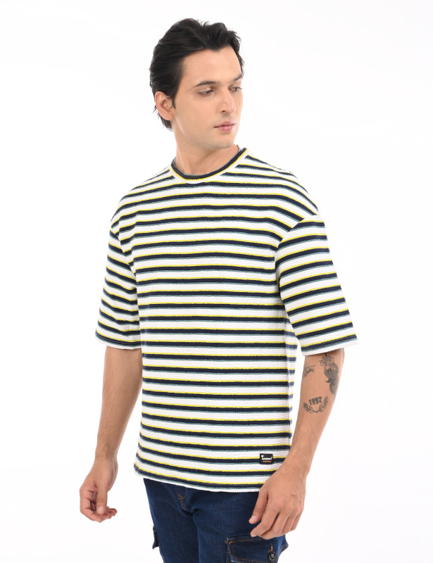 White Striped Textured Cotton Oversized T-Shirt for Men