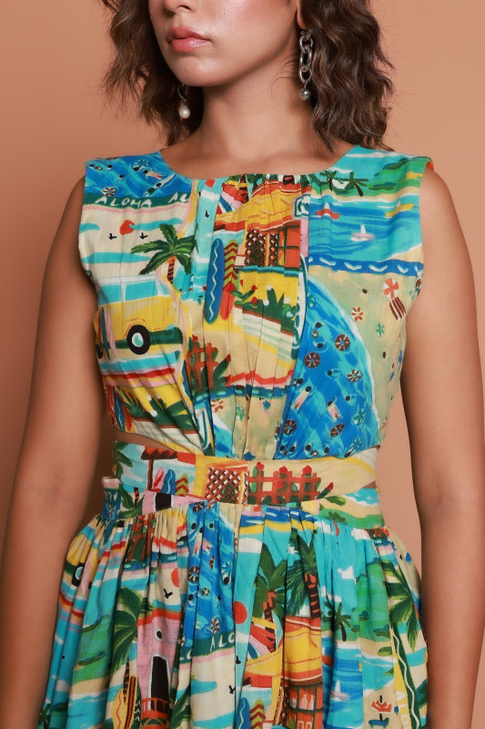 Tropical Coastal Print Cotton Maxi Dress for Women