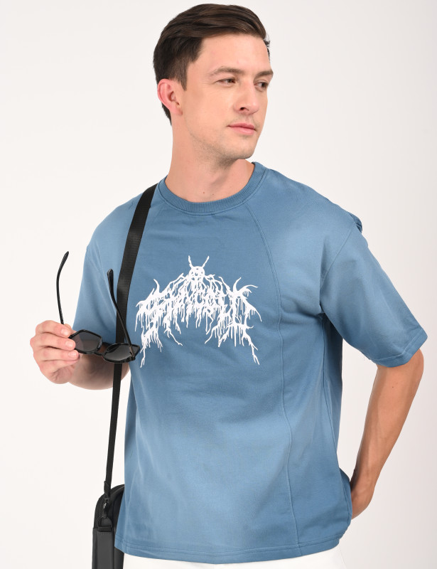 Steel Blue Abstract Graphic Oversized T-Shirt for Men
