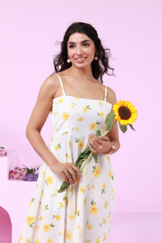 White Floral Print Sleeveless Maxi Dress for Women