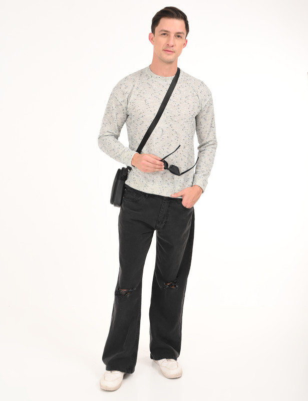 Light Grey Textured Knit Full Sleeve T-Shirt for Men