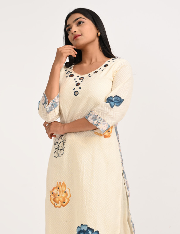 Off White Floral Cotton Kurta Palazzo Set for Women