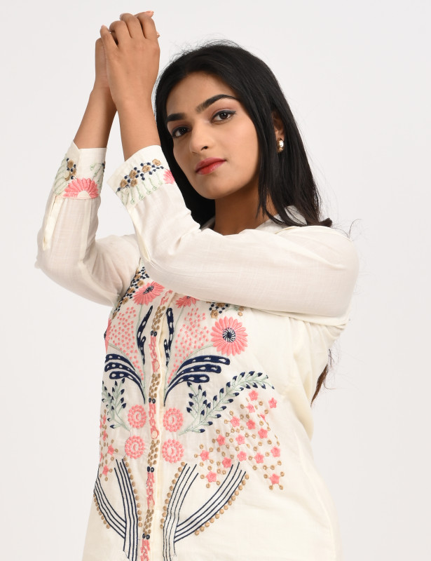 Off White Embroidered Cotton Co-Ord Set for Women
