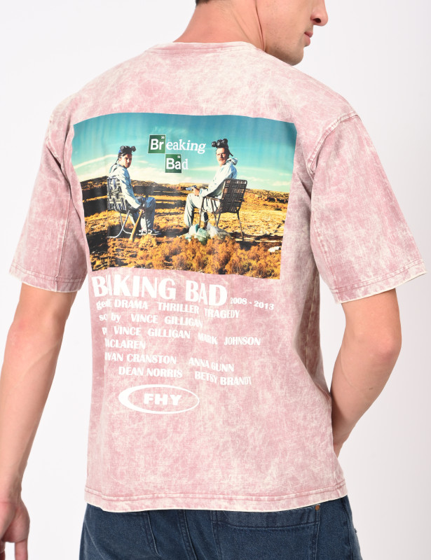 Pink Acid Wash Breaking Bad Graphic Cotton Oversized T-Shirt for Men