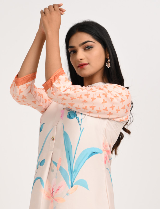 Peach Floral Printed Cotton Kurta Palazzo Set for Women
