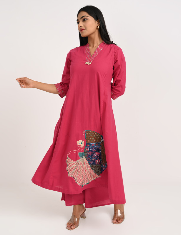 Rose Pink Embroidered Cotton Kurta Palazzo Set for Women
