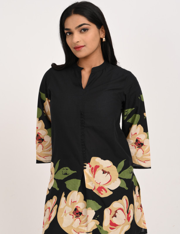 Black Floral Printed Cotton Co-Ord Set for Women