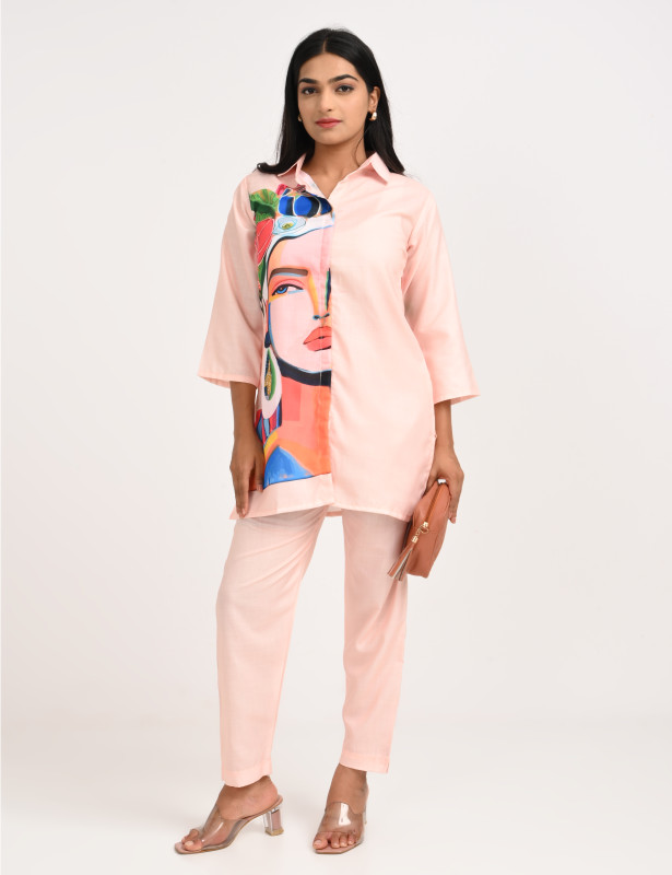 Peach Abstract Face Print Cotton Co-Ord Set for Women
