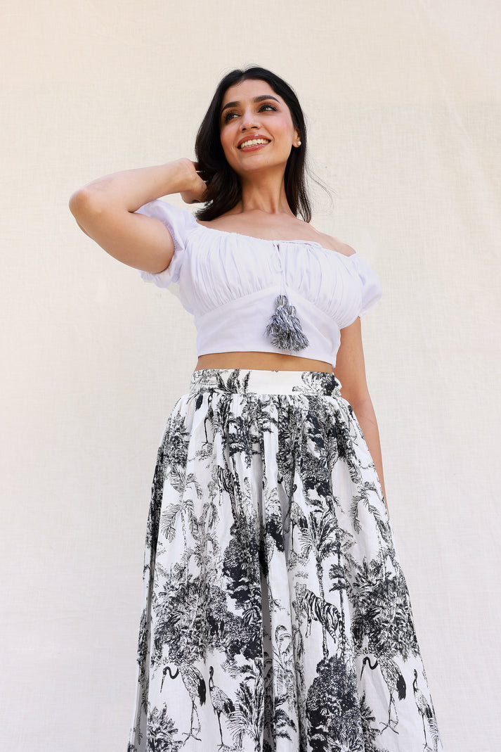White Toile Print Crop Top and Palazzo Co-Ord Set for Women