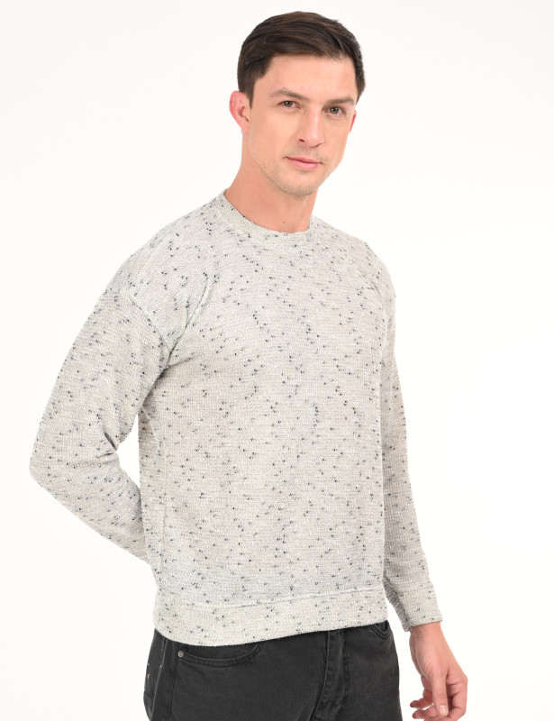 Light Grey Textured Knit Full Sleeve T-Shirt for Men