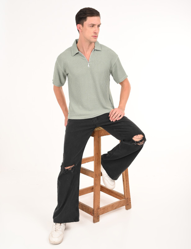 Sage Green Textured Seersucker Cotton Quarter Zip Polo T-Shirt for Men