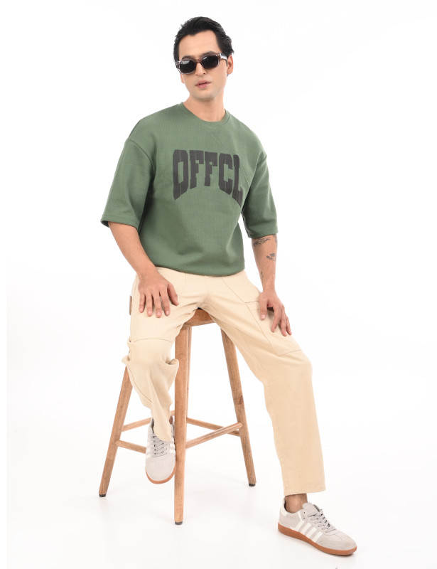 Sage Green Textured Waffle Knit Oversized T-Shirt for Men