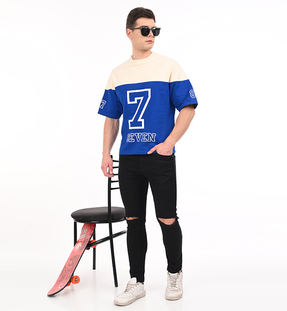 Blue Colour Block "Street Tide 7" Oversized T-Shirt for Men