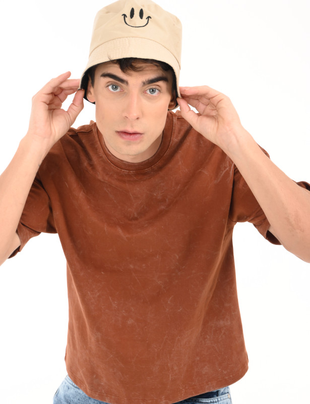 Brown Washed Oversized Cotton Graphic T-Shirt for Men