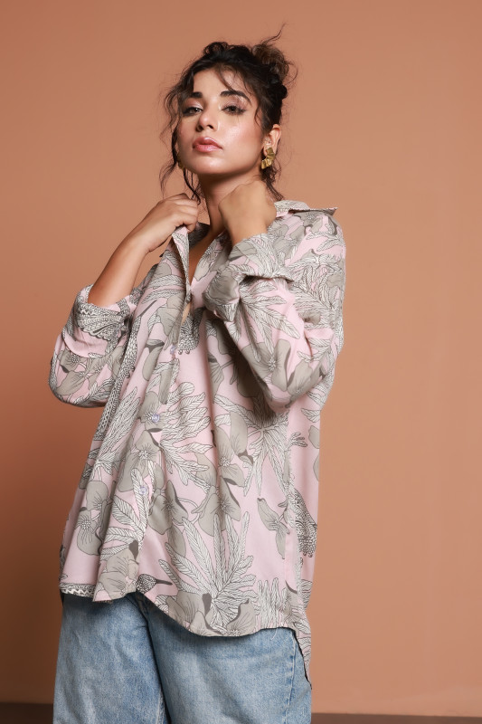 Blush Pink Tropical Print Oversized Shirt for Women