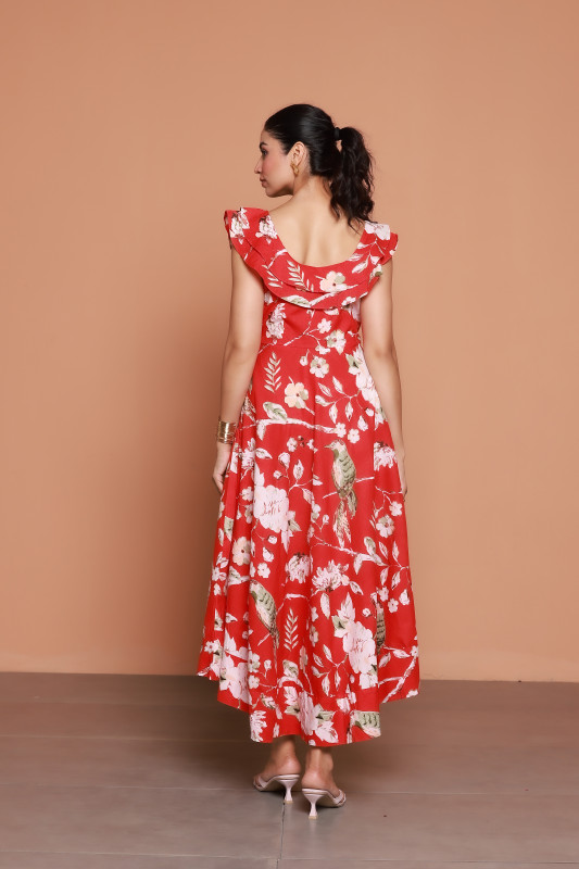 Red Floral Print Ruffle Neck Midi Dress for Women
