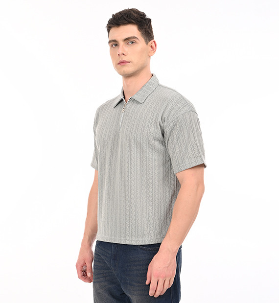 Sage Green Textured Zip Polo T-Shirt for Men
