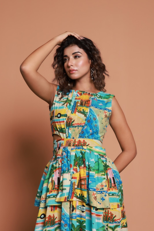 Tropical Coastal Print Cotton Maxi Dress for Women