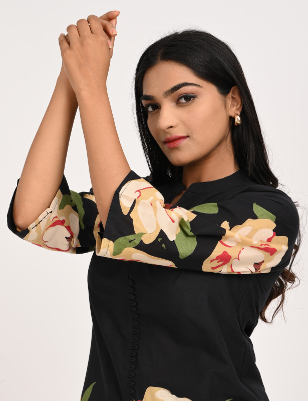 Black Floral Printed Cotton Co-Ord Set for Women
