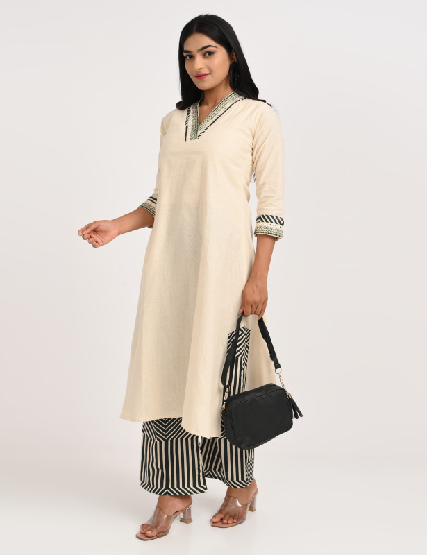 Elegant Off White Cotton Kurta Palazzo Set for Women | Cloud Mart