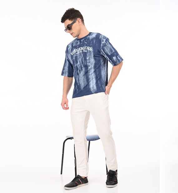 Blue Graphic Oversized Cotton T-Shirt for Men