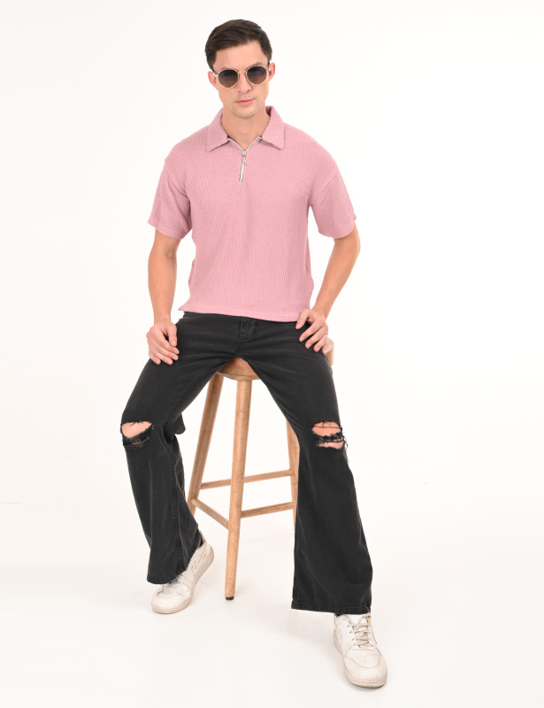 Men's Textured Zip Polo in Dusty Pink Seersucker Cotton