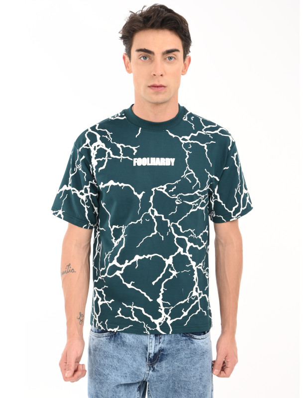 Dark Teal All Over Graphic Oversized Cotton T-Shirt for Men