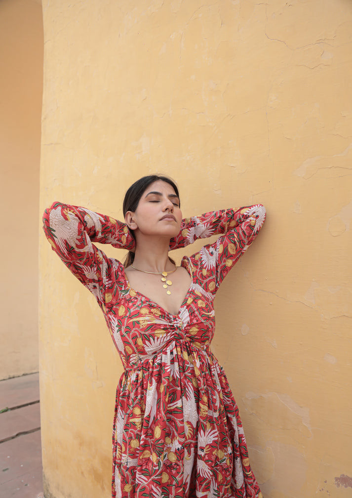 Red Tropical Botanical Printed Gathered Midi Dress for Women