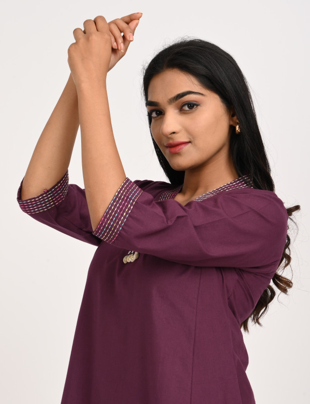 Plum Embroidered Cotton Kurta Palazzo Set for Women