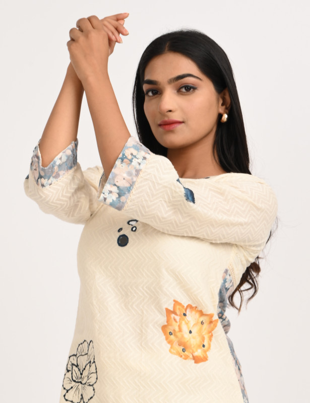 Off White Floral Cotton Kurta Palazzo Set for Women