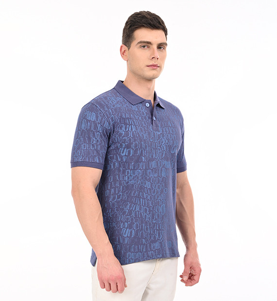 Dusty Blue Crocodile Print Cotton Polo T-Shirt for Men