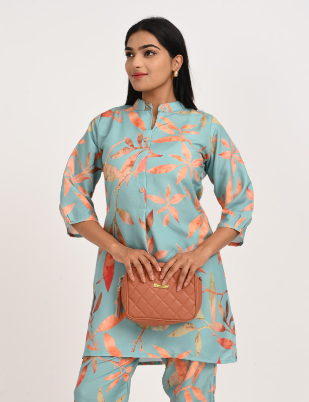Sky Blue Leaf Printed Cotton Co-Ord Set for Women