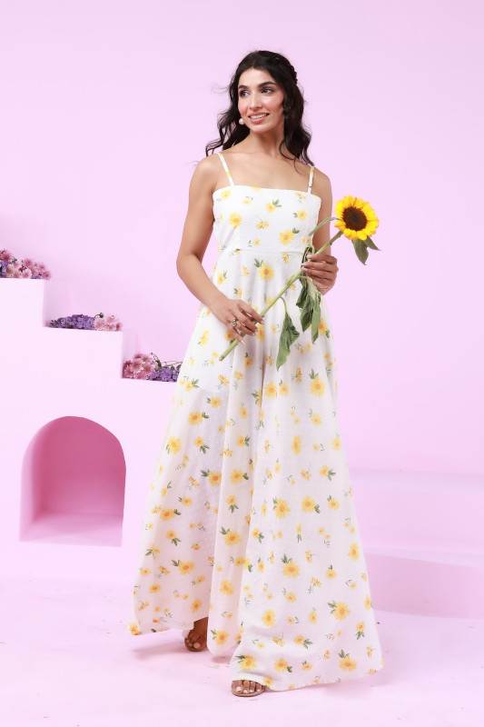 White Floral Print Sleeveless Maxi Dress for Women