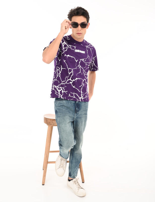 Purple Crackle Print Oversized T-Shirt for Men