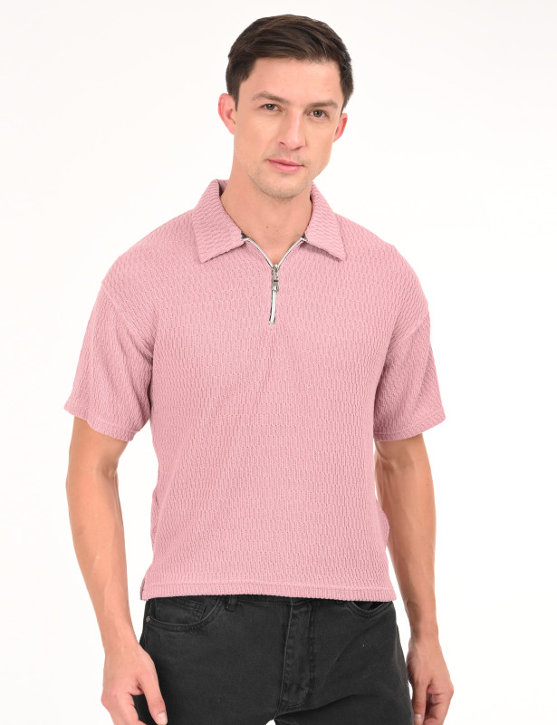 Men's Textured Zip Polo in Dusty Pink Seersucker Cotton