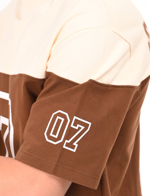 Men's Street Tide 7 Color Block Oversized T-Shirt in Cream & Brown Cotton