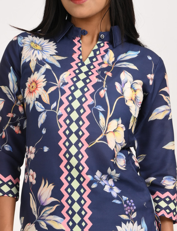 Navy Blue Floral Printed Cotton Kurta Palazzo Set for Women