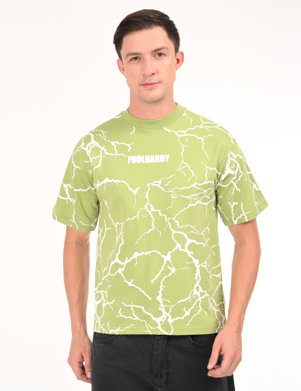 Lime Green Lightning Print Oversized Cotton T-Shirt for Men