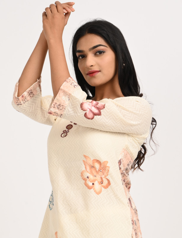 Off White Floral Printed Cotton Kurta Sharara Set for Women