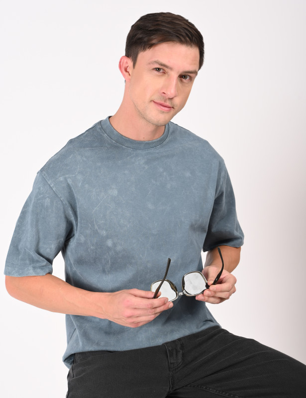 Men's Vintage Wash Graphic Oversized T-Shirt in Blue Grey Cotton