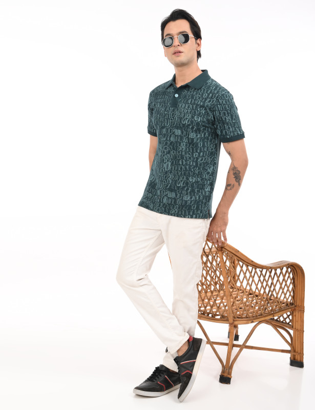 Dark Green Crocodile Texture Printed Cotton Polo T-Shirt for Men