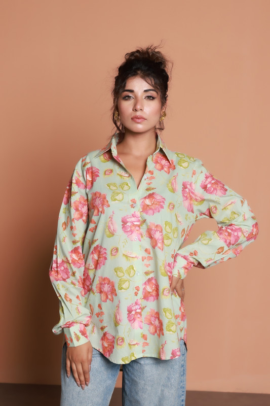 Mint Green Floral Print Oversized Shirt for Women