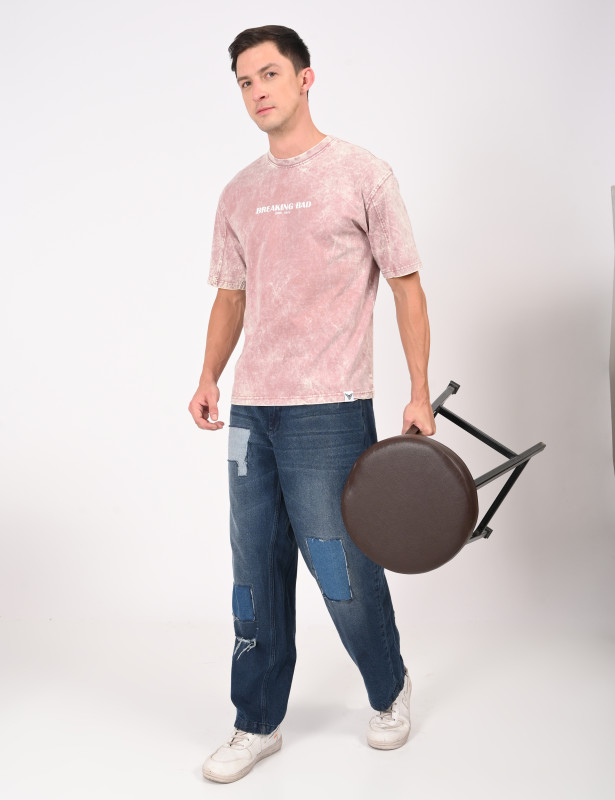 Pink Acid Wash Breaking Bad Graphic Cotton Oversized T-Shirt for Men